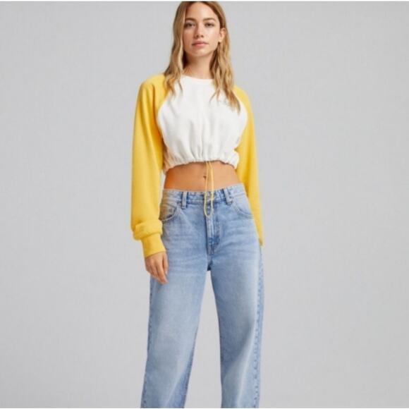 NEW Bershka Women's Cropped Color Block Drawstring‎ Waist Babe Sweatshirt Large - Picture 1 of 12